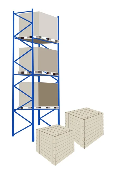 Armazenamento de fabricação de prateleiras em um armazém com caixas — Vetor de Stock