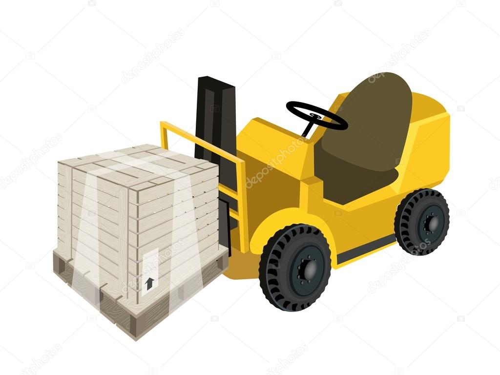 A Forklift Truck Loading A Shipping Box with Plastic Wrap