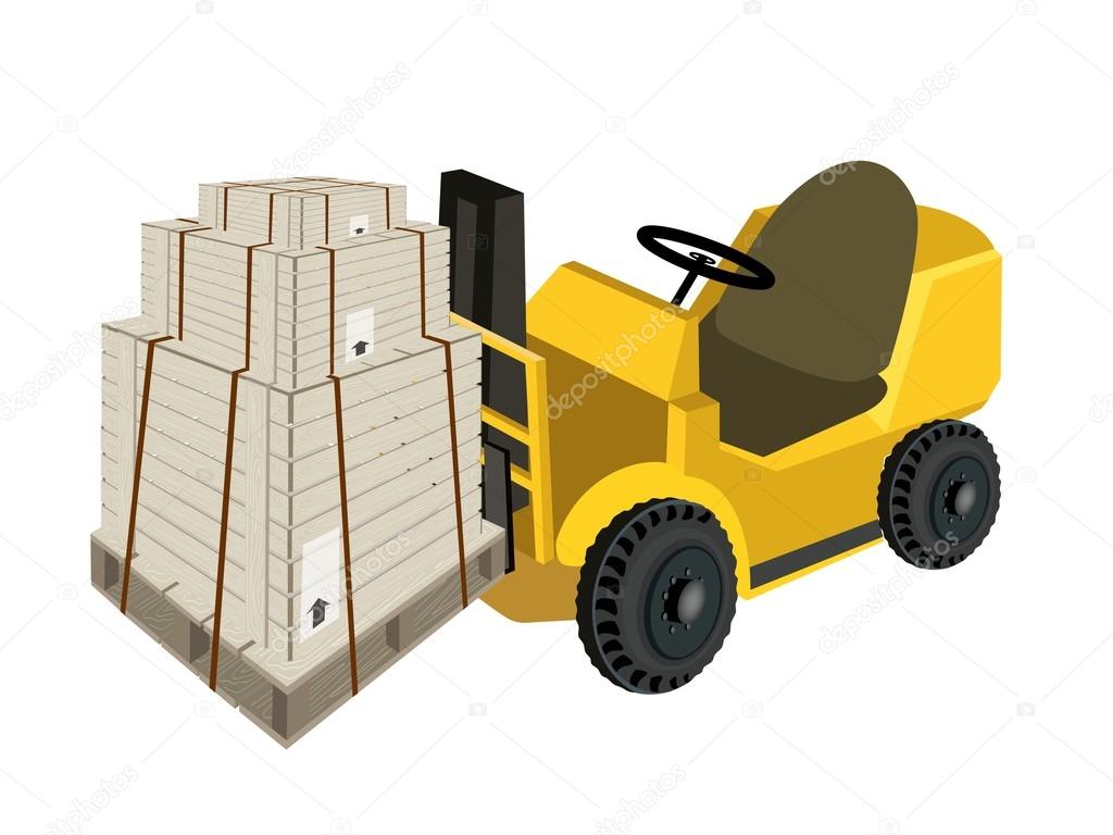 A Forklift Truck Loading Shipping Boxs with Steel Strapping