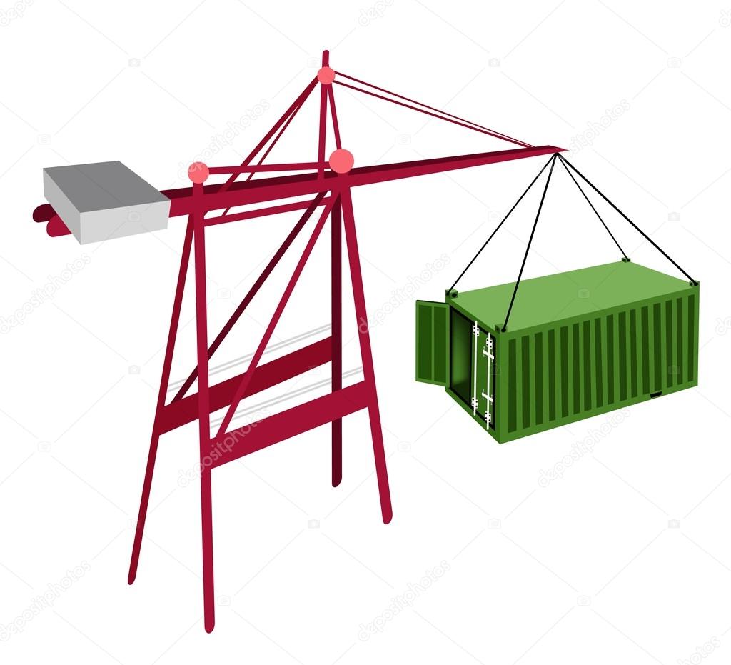 Green Container Being Hoisted By A Crane.