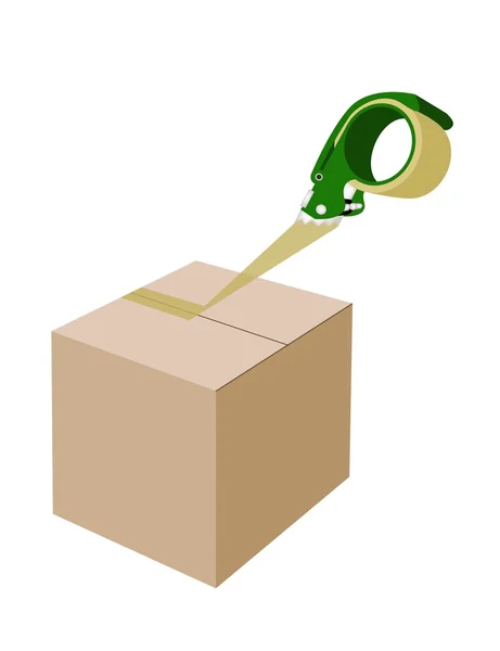 Un distributeur de ruban adhésif ferme une boîte en carton — Image vectorielle