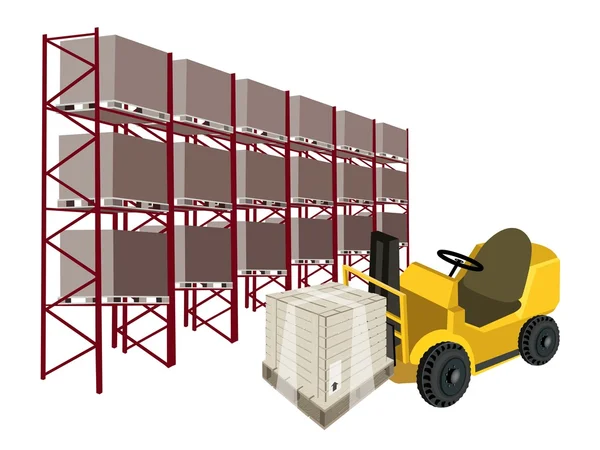 Chargement d'une boîte d'expédition dans un entrepôt par chariot élévateur — Image vectorielle
