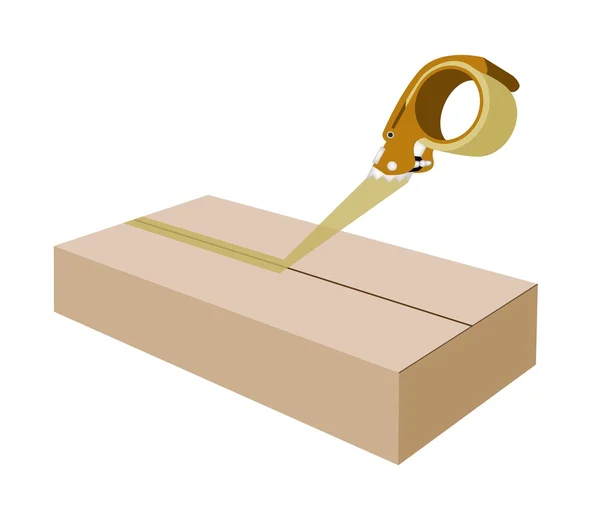 Dispensador de cinta adhesiva que cierra una caja de cartón marrón — Archivo Imágenes Vectoriales
