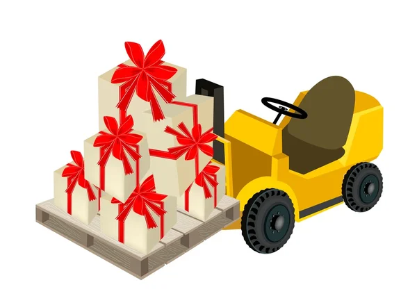 Carretilla elevadora cargando una pila de cajas de regalo — Vector de stock