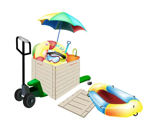 Pallet Truck Loading Beach Items in Shipping Box — Stock Vector