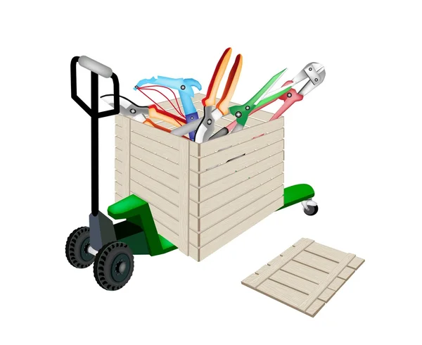 Wózek paletowy ładowanie narzędzia rzemieślnicze w pudełku — Wektor stockowy