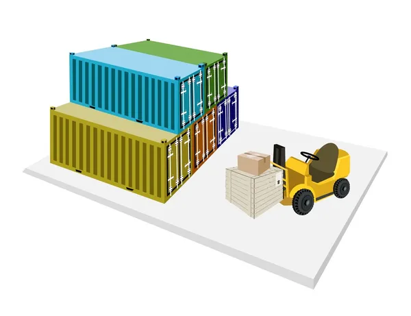Gabelstapler verladen Versandboxen in Frachtcontainer — Stockvektor