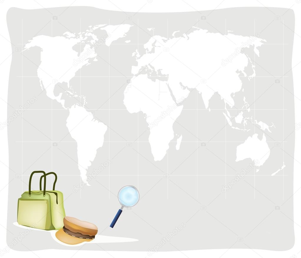 Travel Suitcase and Hat on World Map Background