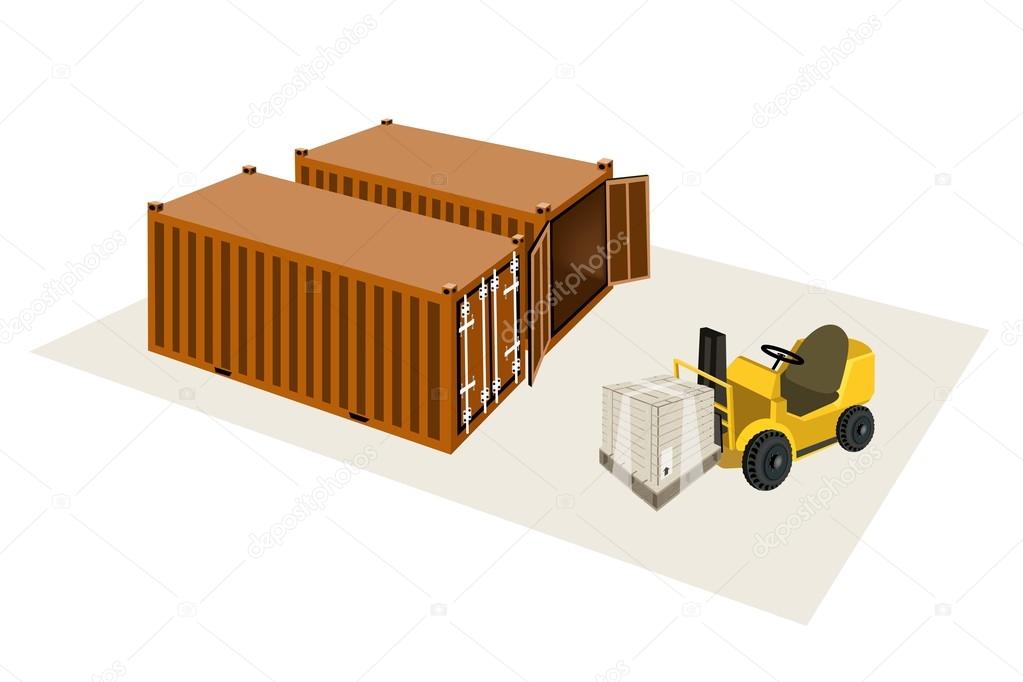 Forklift Truck Loading A Shipping Box into Container