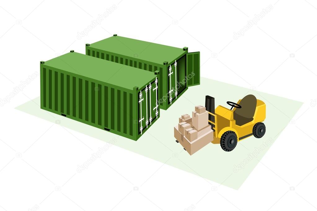 Forklift Truck Loading Shipping Boxes into Freight Containers