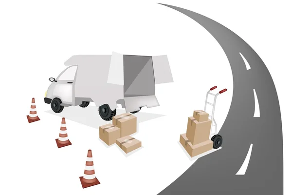Hand vrachtwagen laden verpakking in een busje — Stockvector