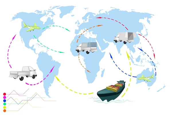 Una mappa di viaggio mondiale dei veicoli di trasporto . — Vettoriale Stock