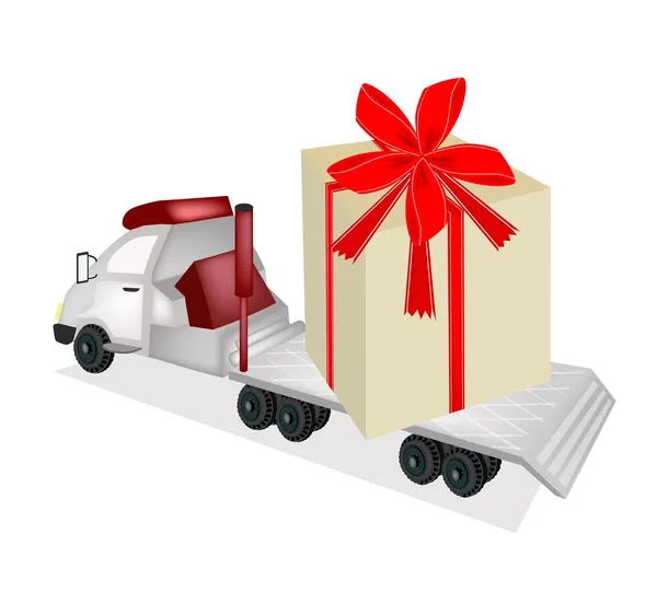 Tractor remolque plana carga una caja de regalo gigante — Vector de stock