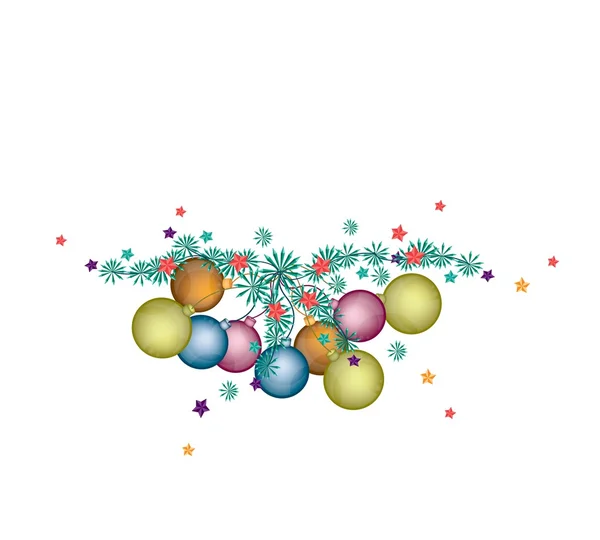 Different Colors Christmas Balls Decoration on Fir Twigs — Stock Vector