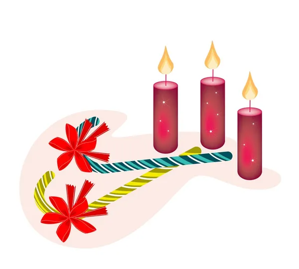 Dos preciosos bastones de caramelo y tres velas de Navidad — Archivo Imágenes Vectoriales