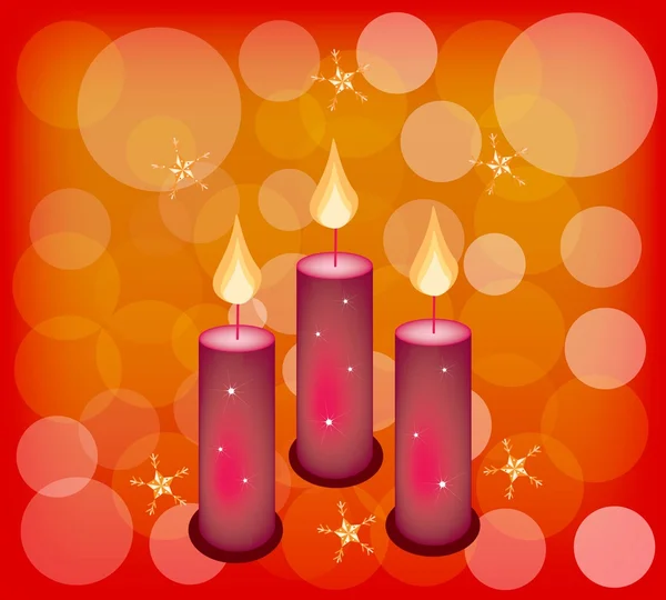 Tres velas en un fondo abstracto rojo — Vector de stock