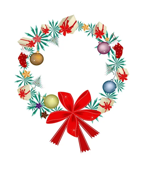 Christmas Wreath with Christmas Ornaments and Red Bow — Stock Vector