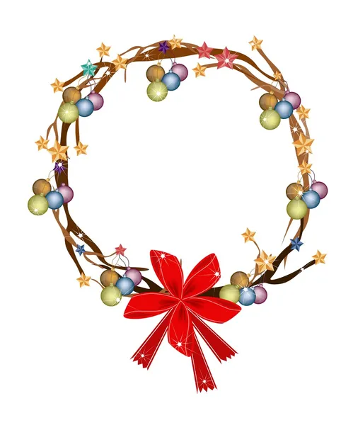 Corona de Navidad de la rama del árbol con adornos de Navidad — Vector de stock
