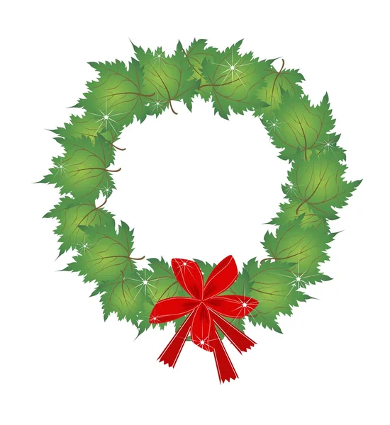 Couronne de Noël de feuilles et d'arcs d'érable verts — Image vectorielle