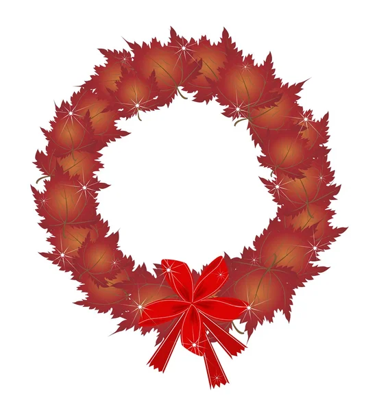 Christmas Wreath of Red Maple Leaves and Bows — Stock Vector