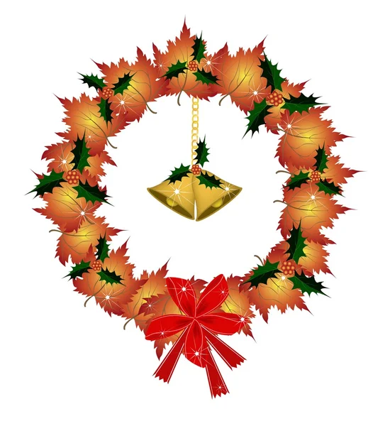 Christmas Wreath of Orange Maple with Golden Bells — Stock Vector