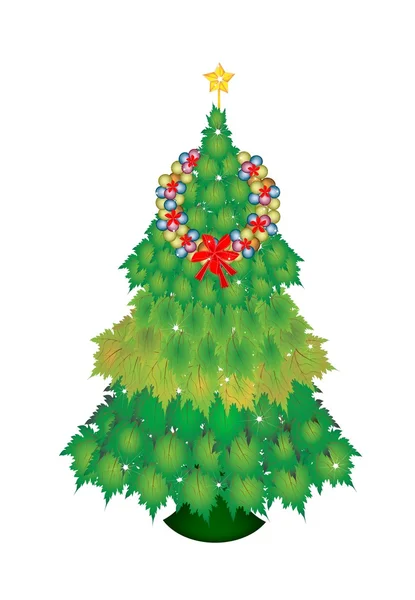 Una corona di balle sull'albero di Natale delle foglie d'acero verde — Vettoriale Stock