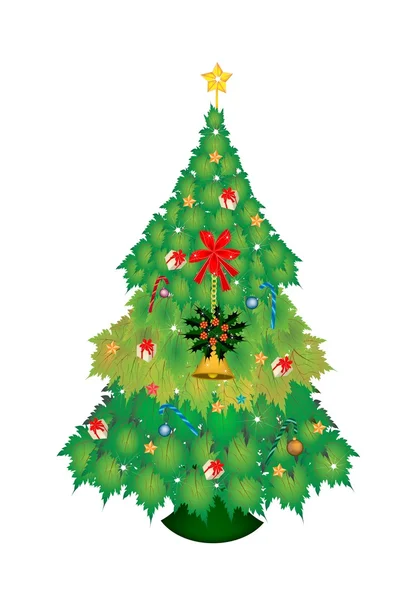 Weihnachtsbaum aus Ahornblättern mit Weihnachtsschmuck — Stockvektor
