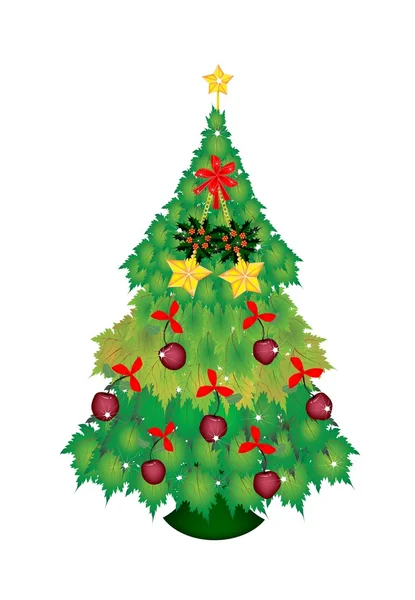 Canne à bonbons et arc sur l'arbre de Noël de l'érable vert — Image vectorielle