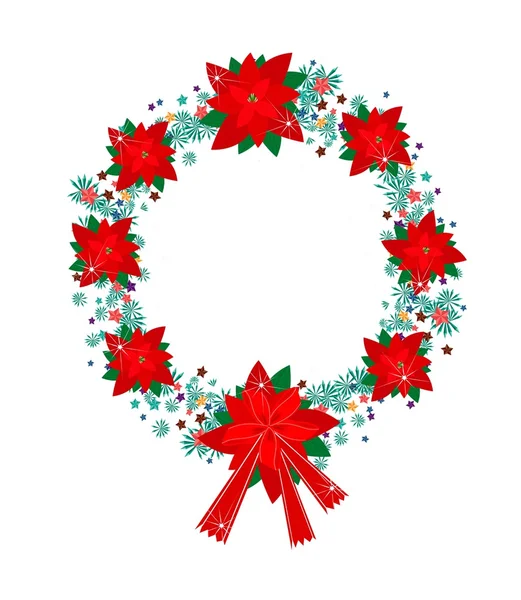 Couronne de Noël de fleurs de poinsettia rouges et arc — Image vectorielle