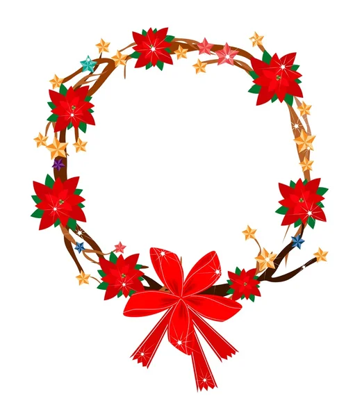 Christmas Wreath of Tree Branch with Red Poinsettia — Stock Vector