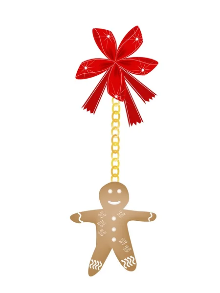 Gingerbread man cookie opknoping op een rode strik — Stockvector
