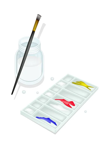 Tinta de cor na paleta de plástico Whtie com pincéis —  Vetores de Stock