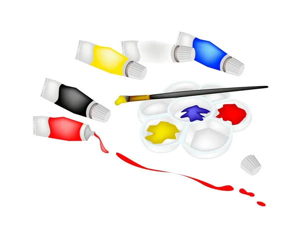 Tube de peinture couleur dans la palette avec des pinceaux d'artiste — Image vectorielle