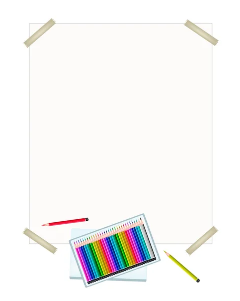 Färgpennor i en låda på vitt papper — Stock vektor