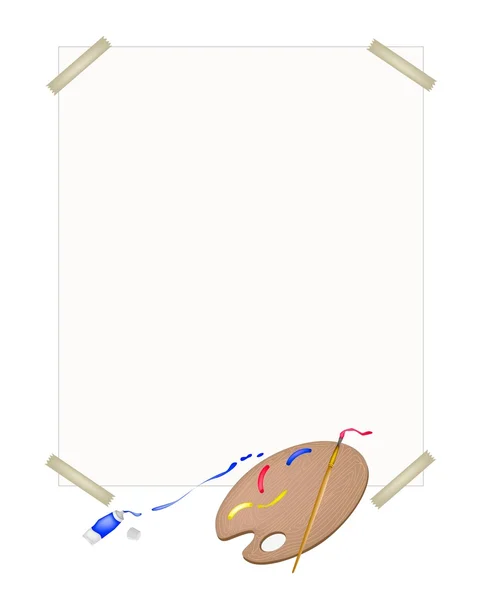 Pintura de color en paleta con pincel y papel — Vector de stock