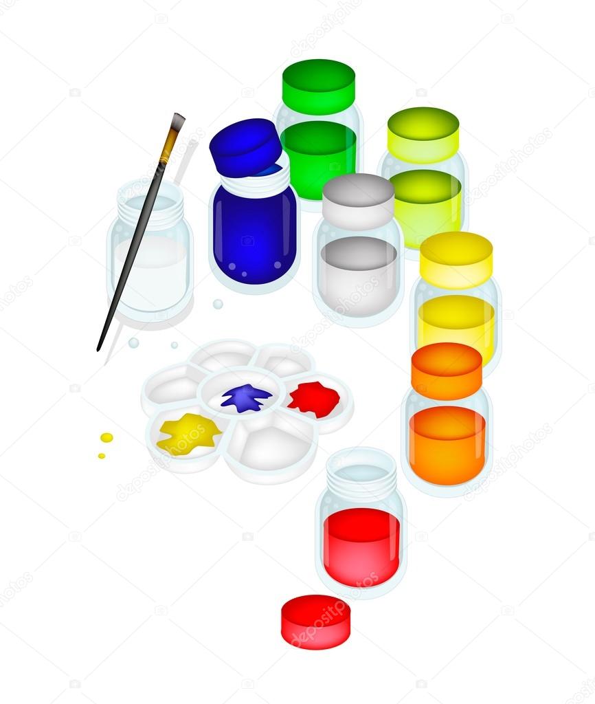Color Paint Jars and Palette with A Brush