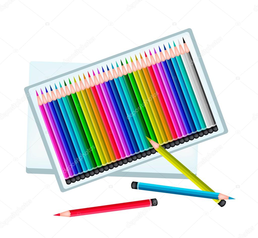 Arte di alimentazione una scatola di pastelli matita colorata in un assortimento di colori per disegno e disegnare un quadro isolato su sfondo bianco