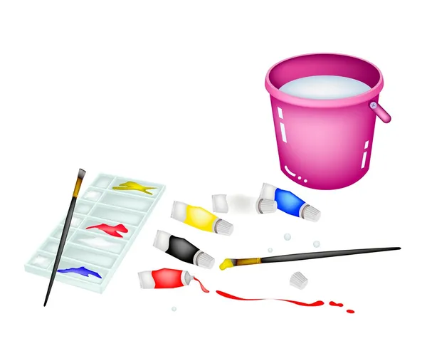 Frascos de pintura de cor e paleta com balde rosa — Vetor de Stock