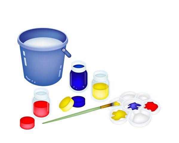 Color Paint Jars and Palette with A Bucket