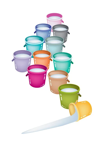 Set of Twelve Multicolored Buckets on White — Stock Vector