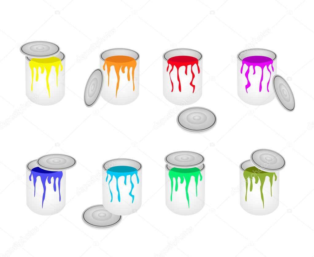 Set of Opened Buckets with Six Paint Colors