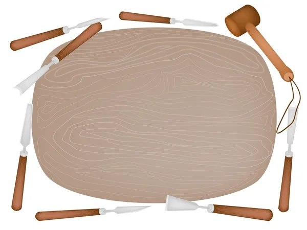 Herramientas de tallado con tablón de madera sobre fondo blanco — Vector de stock