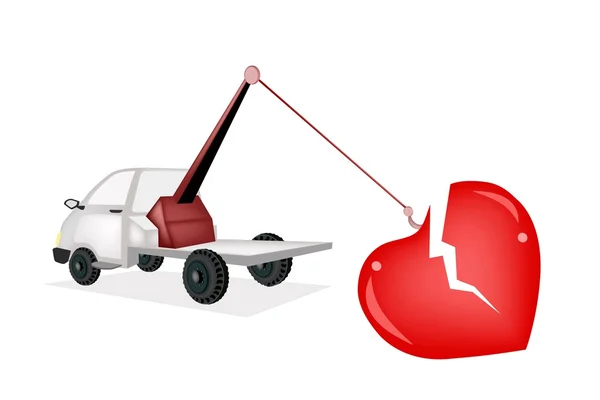 Camión de remolque Wrecker tirando de un corazón roto rojo — Vector de stock