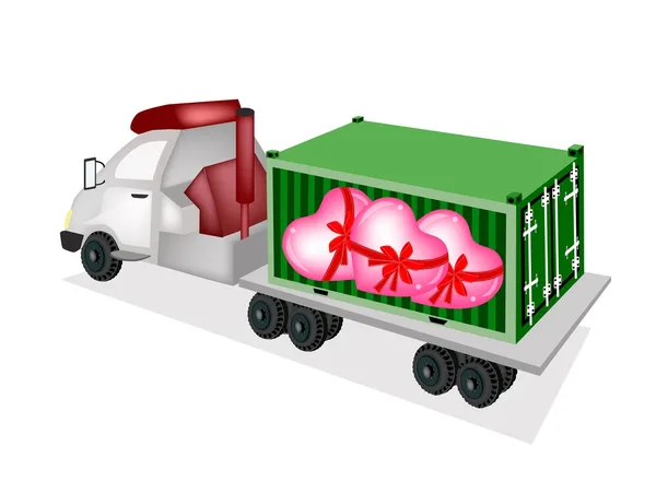 Flatbed aanhangwagen mooie harten in cargo container laden — Stockvector