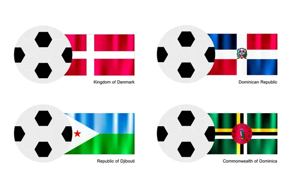 Bola de futebol com a Dinamarca, República Dominicana, Djibuti e Dominica Bandeira — Vetor de Stock