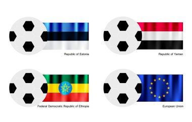 Futbol topu ile Estonya, yemen, Etiyopya ve Avrupa Birliği bayrağı