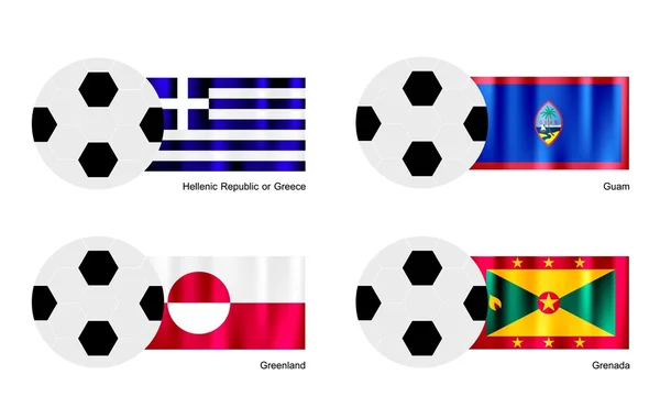 Pallone da calcio con Grecia, Guam, Groenlandia e Bandiera Grenada — Vettoriale Stock