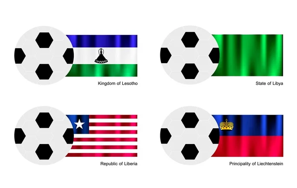 Balón de fútbol con bandera de Lesotho, Libia, Liberia y Liechtenstein — Vector de stock