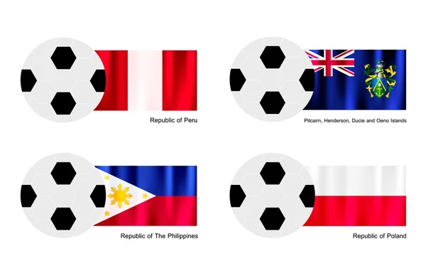 Soccer Ball with Peru, Pitcairn Islands, Philippines and Poland Flag — Stock Vector
