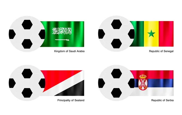 Μπάλα ποδοσφαίρου με τη Σαουδική Αραβία, Σενεγάλη, στην παραλία και Σερβία σημαία — Stock vektor